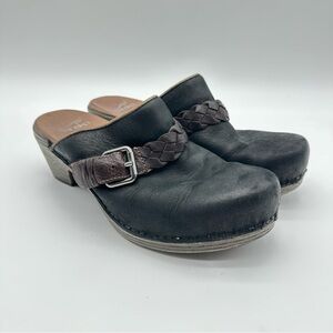 Black Leather Clogs with Braided Strap
